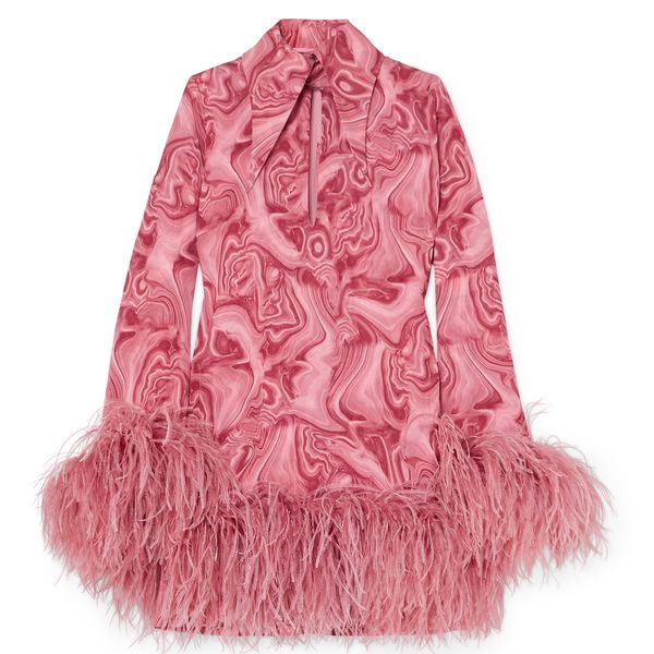 A pink feather-trimmed dress.