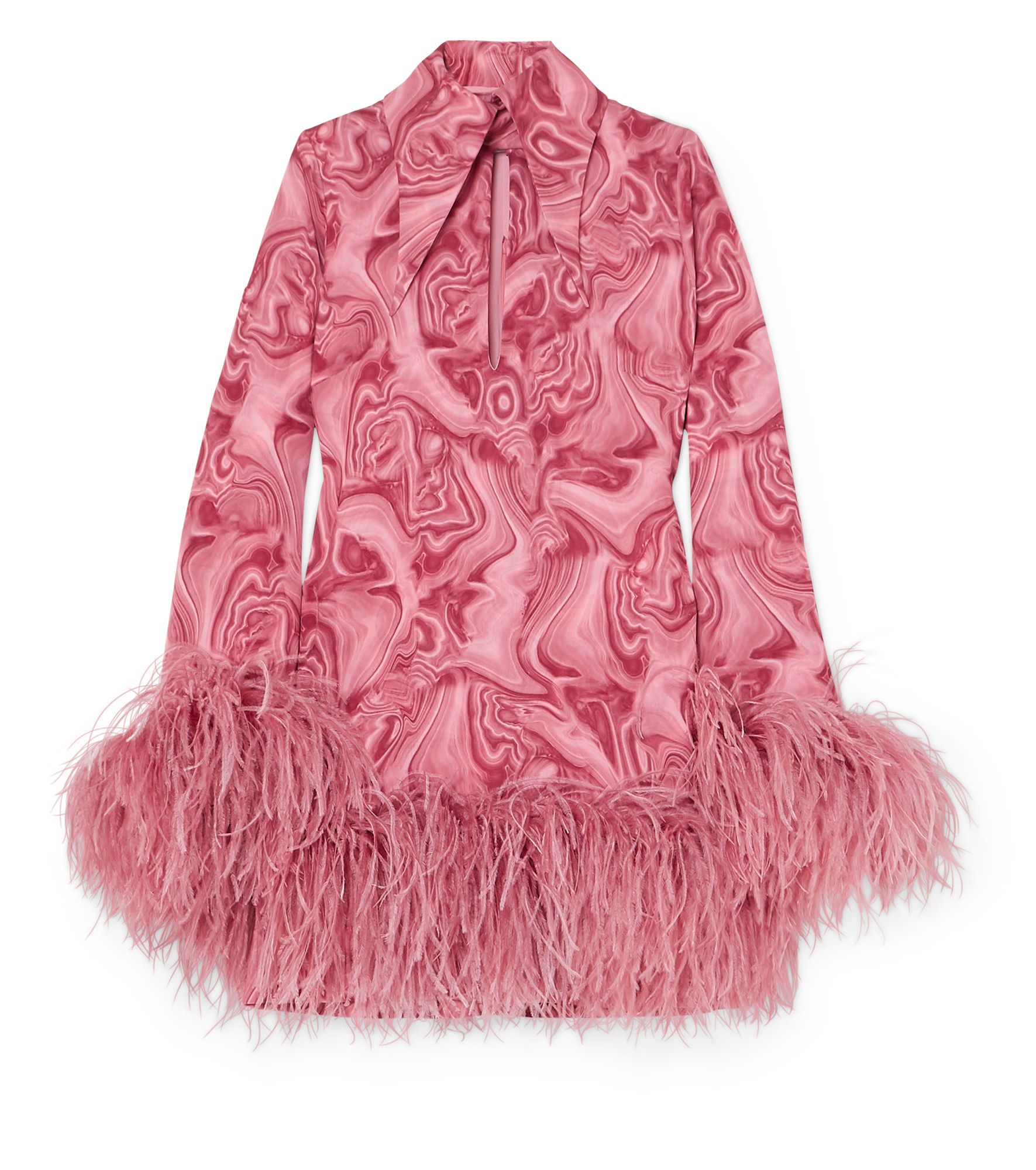 A pink feather-trimmed dress.
