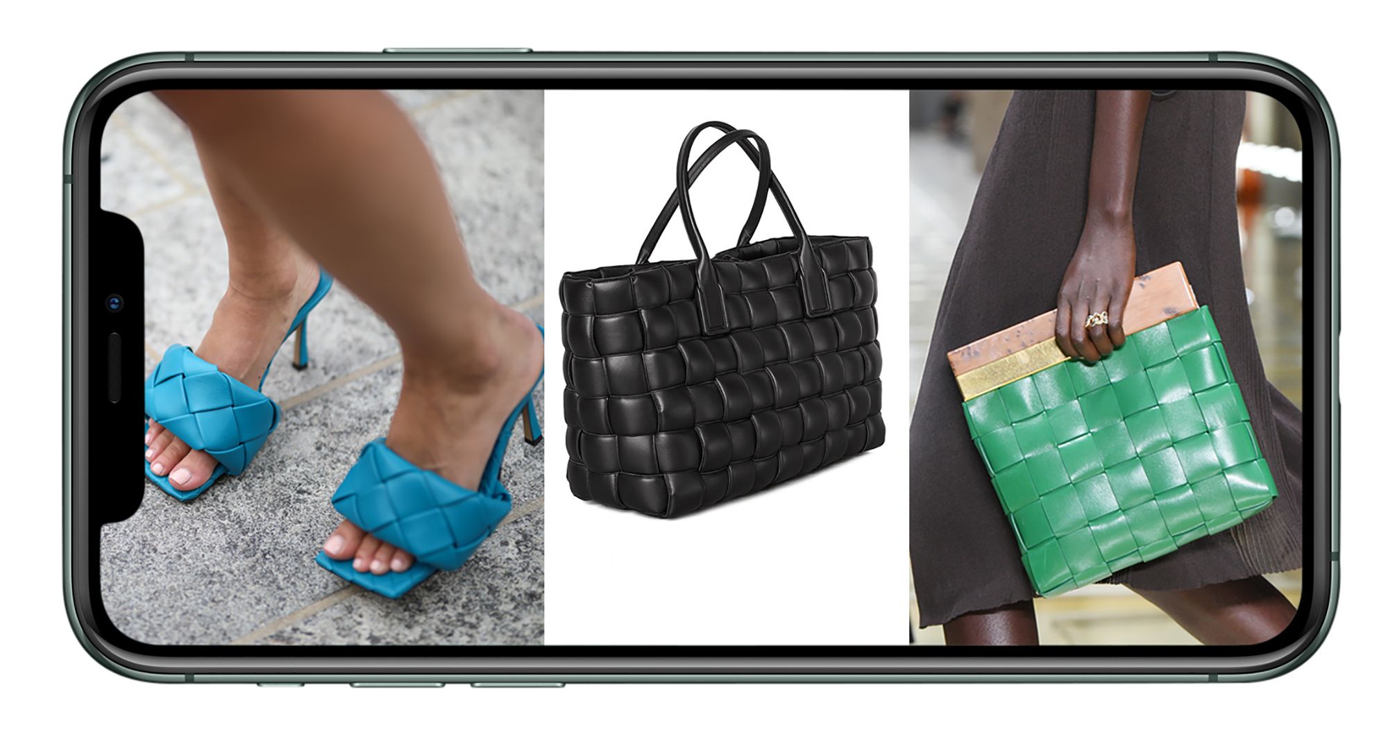 Bottega Veneta high-heels sandals, large tote, and square clutch purse.
