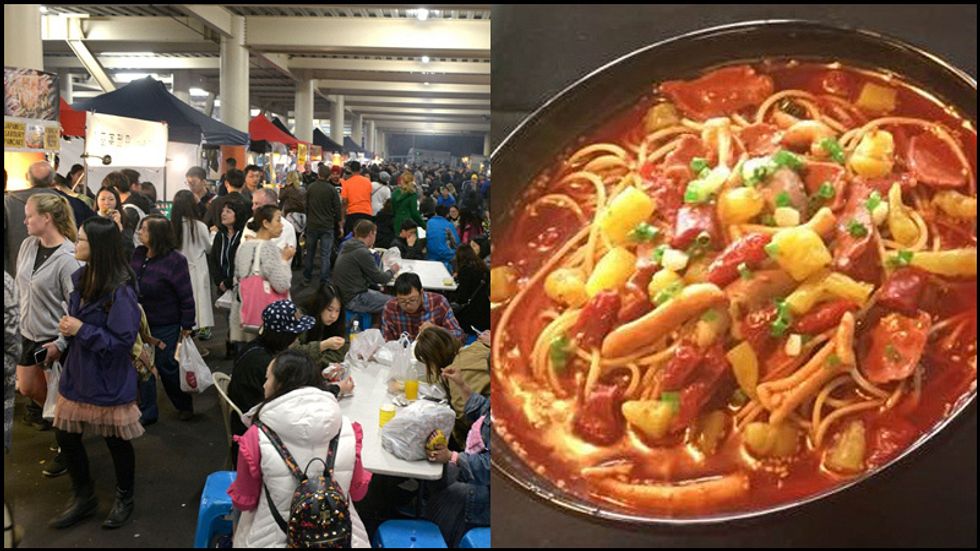 two pictures of a crowded market area and a closeup of an asian dish.