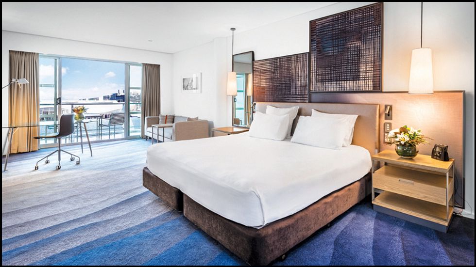 Elegant hotel accomodations overlooking the Auckland skyline.