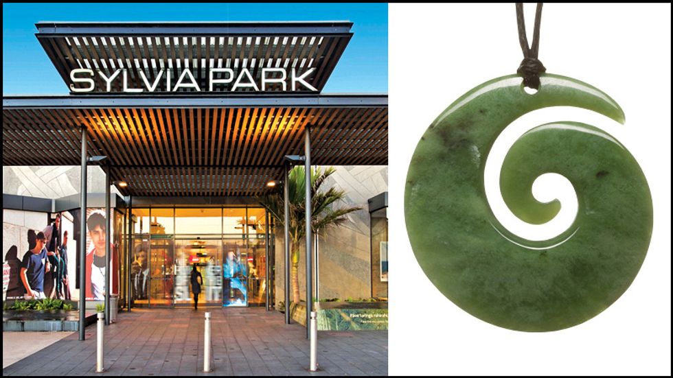 Front tnrance of the Sylvia Park shopping center a picture of a greenstone pendant.