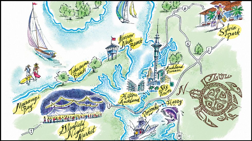 An illustrated map of of the city of Auckland.