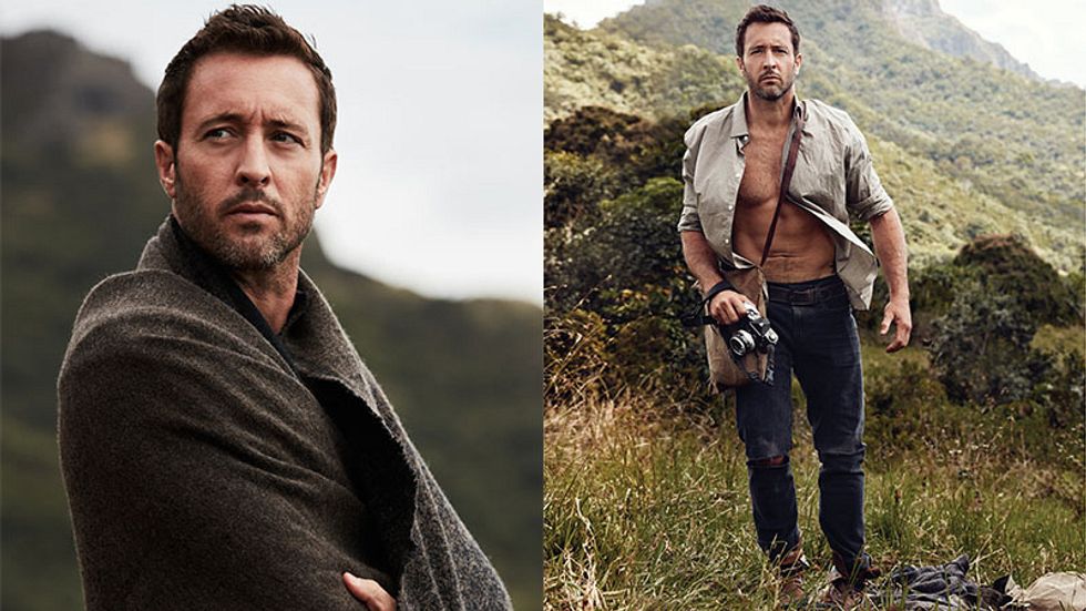 two images of Alex O'Loughlin wearing asweater and wearing an open white shirt.