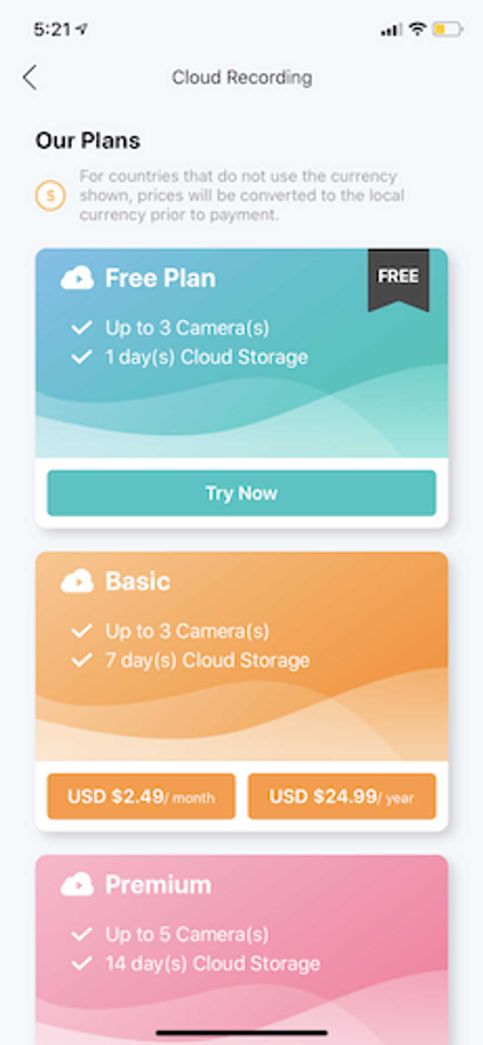D-Link Cloud Recording plans in app