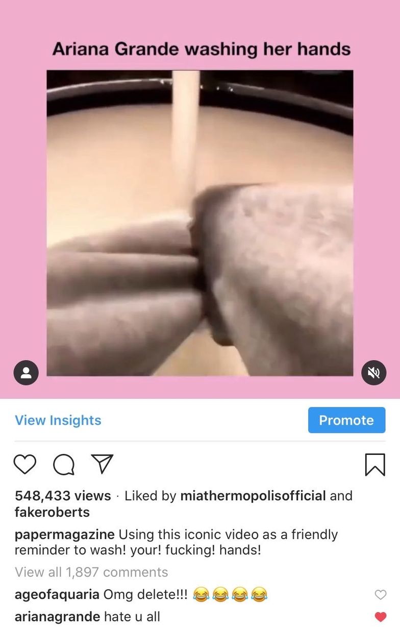 Ariana Grande Reacts to Meme of How She Washes Hands Amid Coronavirus
