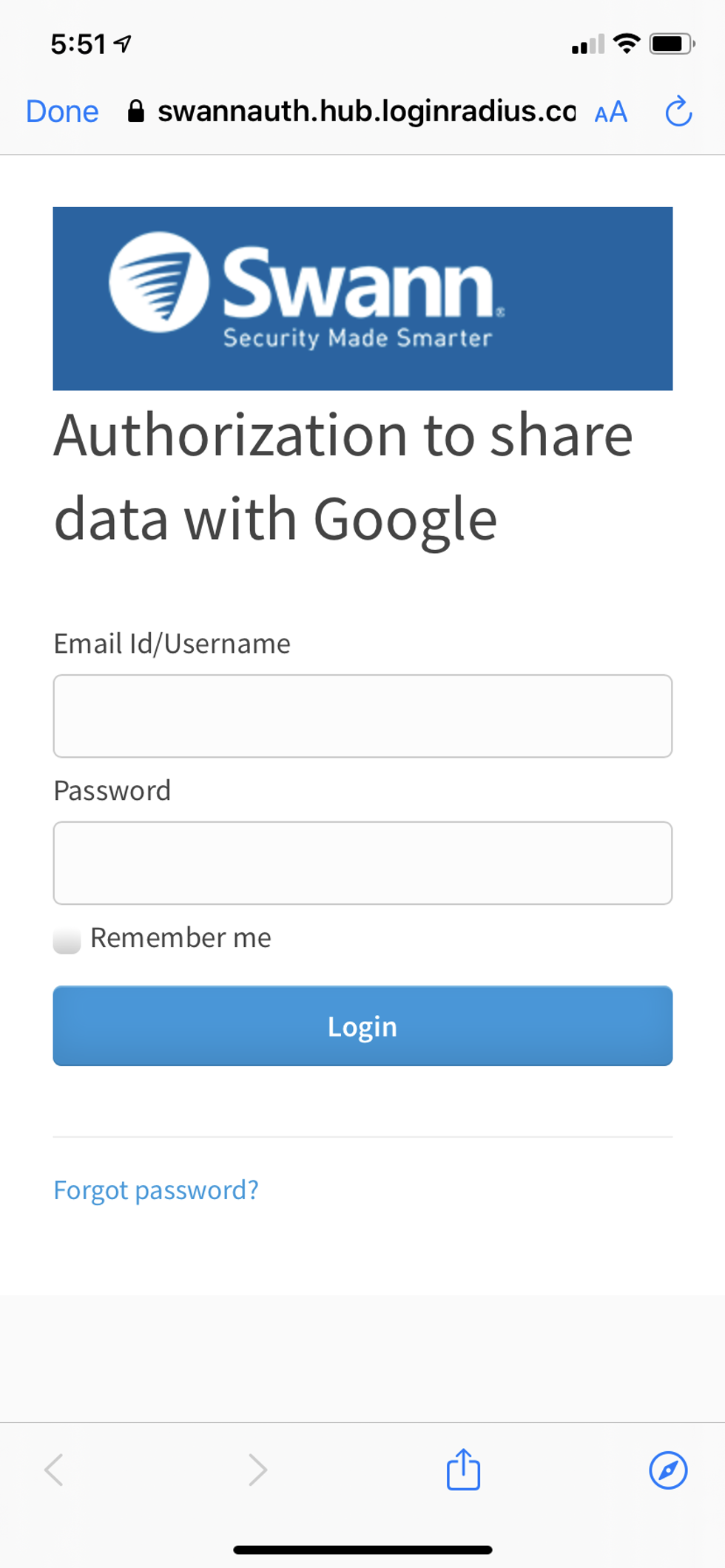 Swann app authorizing Google Assistant integration