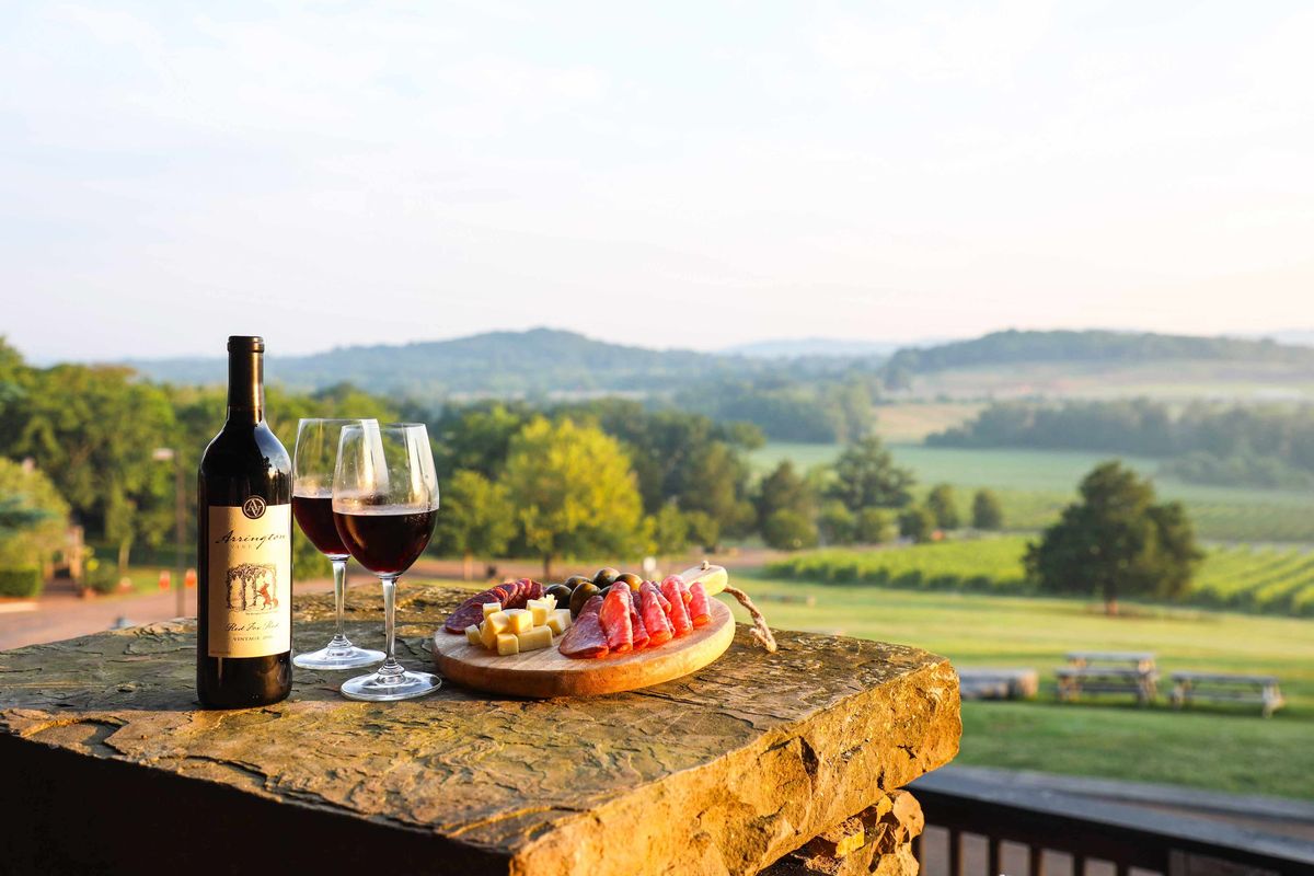 Wine glasses and a vineyard view.