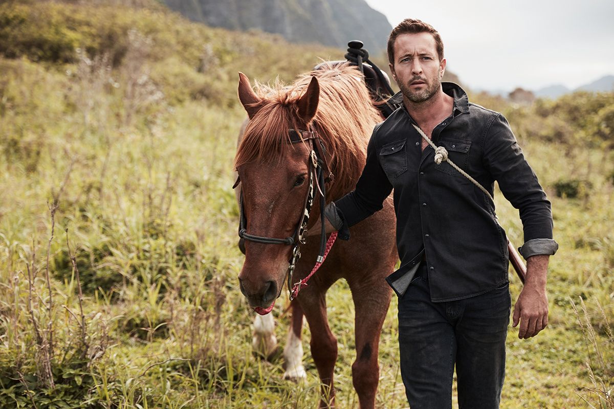Alex O'Loughlin walking with a brown horse