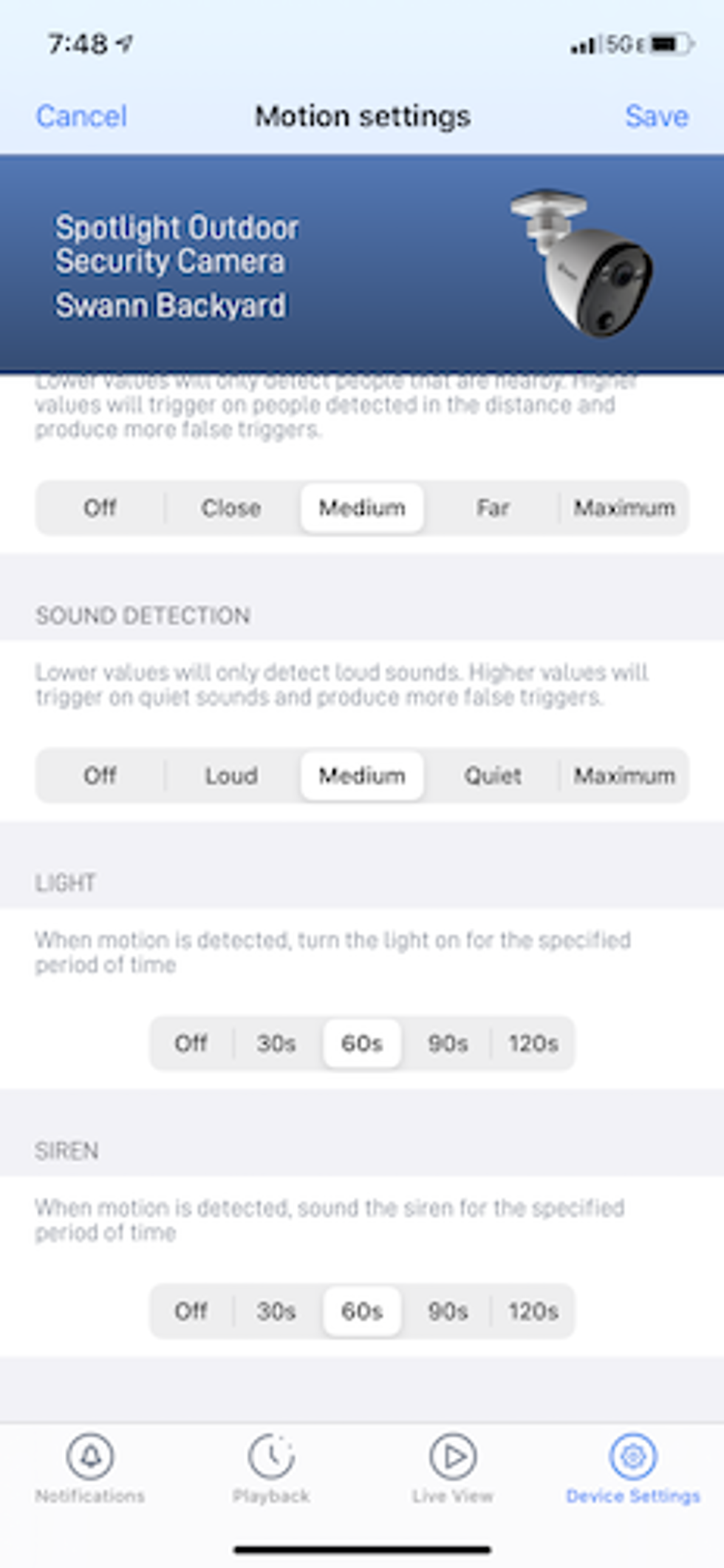 the settings for motion and sound screen in the swann app.