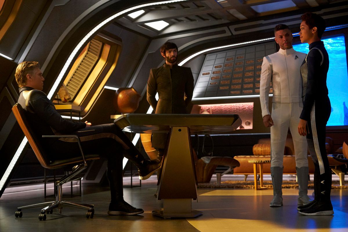 Anson Mount; Ethan Peck; Wilson Cruz; Sonequa Martin-Green on the set of TV show Star Trek: Discovery.