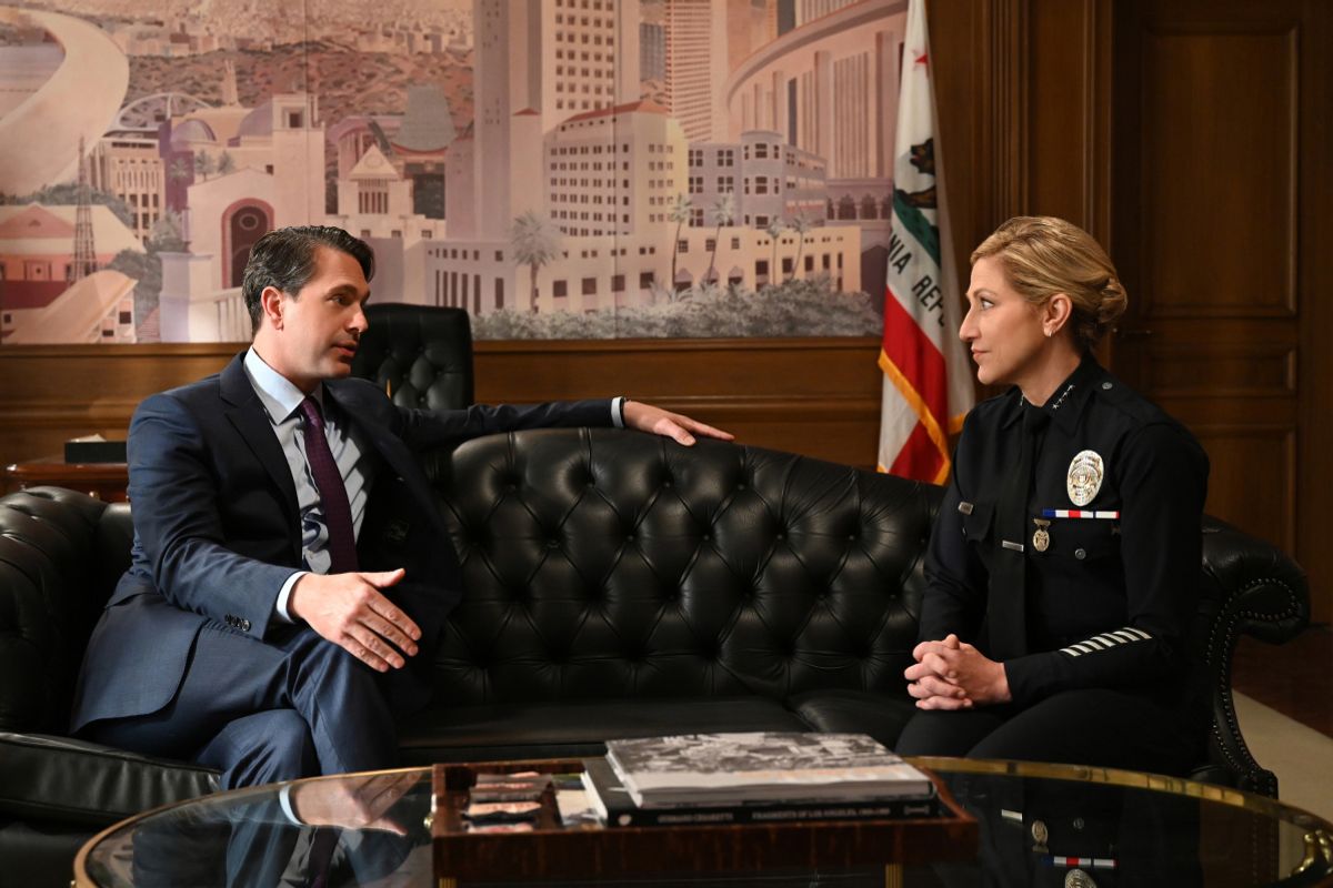 Thomas Sadoski and Edie Falco on the set of TV show Tommy.