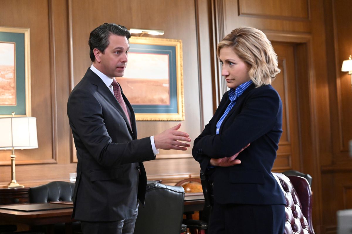 Thomas Sadoski and Edie Falco on the set of TV show Tommy.