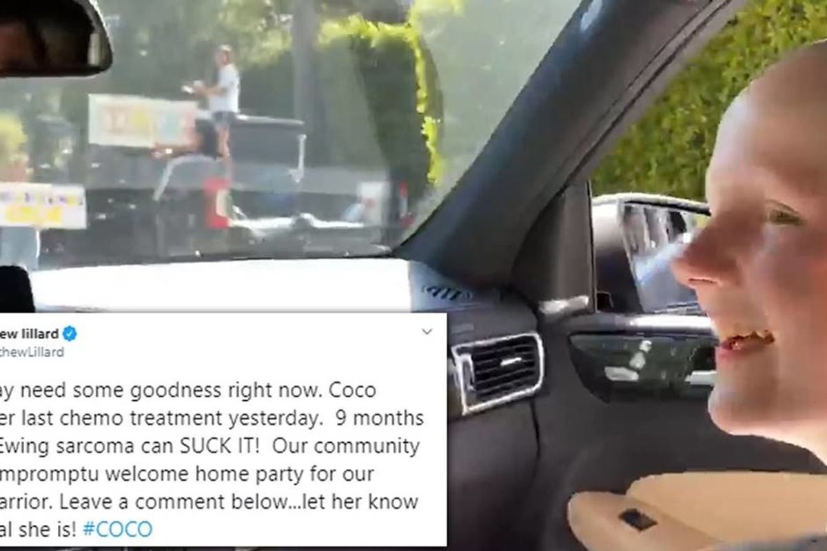 Girl returns home after her final chemotherapy treatment to a surprise community parade in her honor