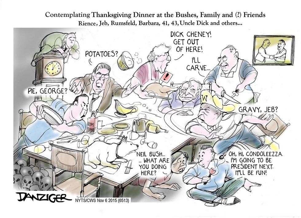 Cartoon: Contemplating Thanksgiving Dinner At The Bushes, Family, And (?) Friends