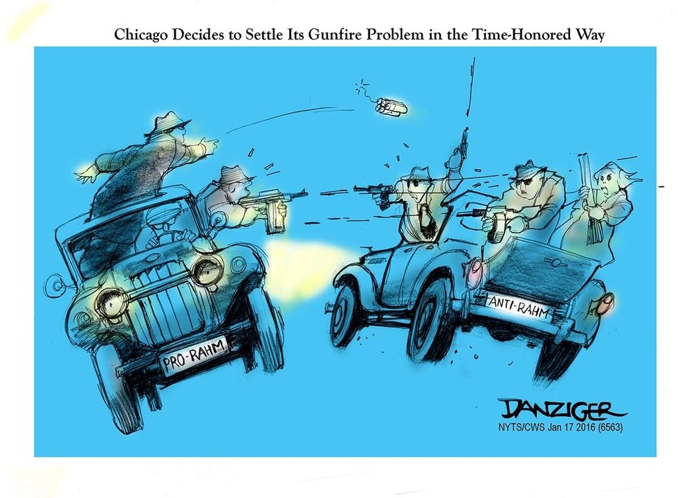 Cartoon: Chicago Decides To Settle Its Gunfire Problem In The Time-Honored Way