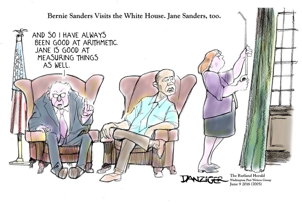 Cartoon: Bernie Sanders Visits The White House. Jane Sanders, Too