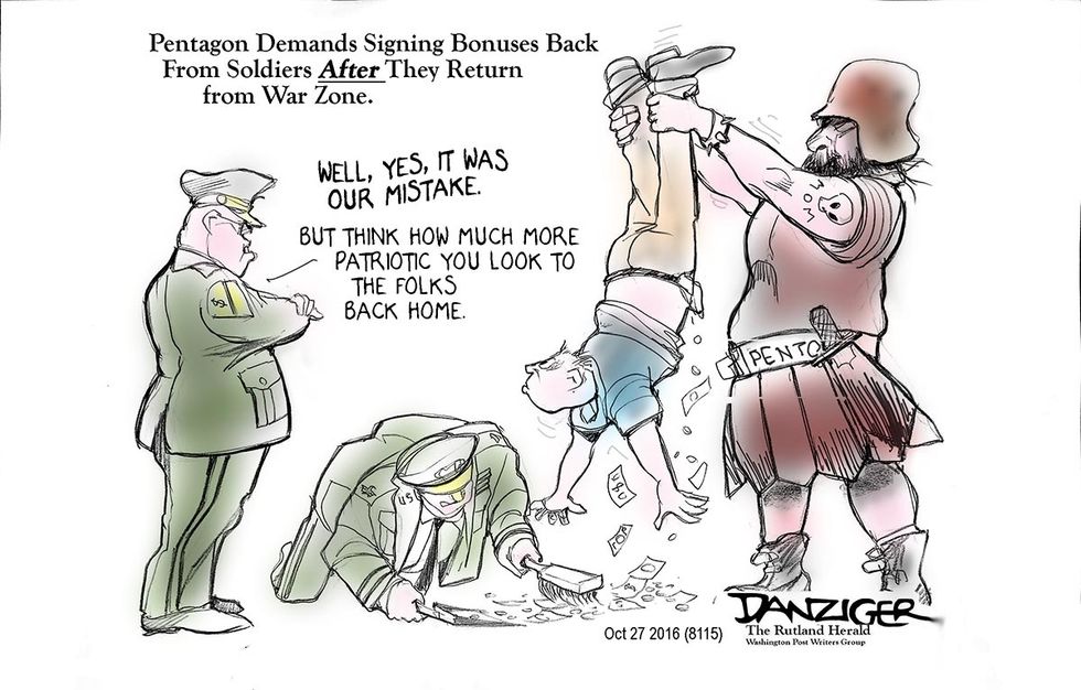 Cartoon: Pentagon Demands Signing Bonuses Back From Soldiers After They Return From War Zone