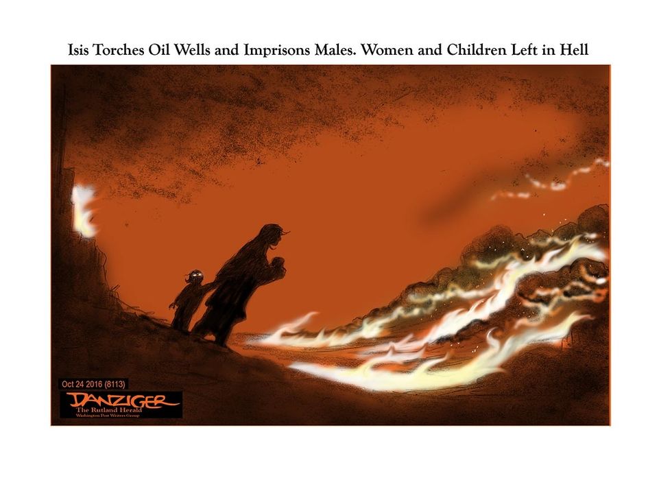 Cartoon: ISIS Torches Oil Wells And Imprisons Males, Women And Children Left In Hell