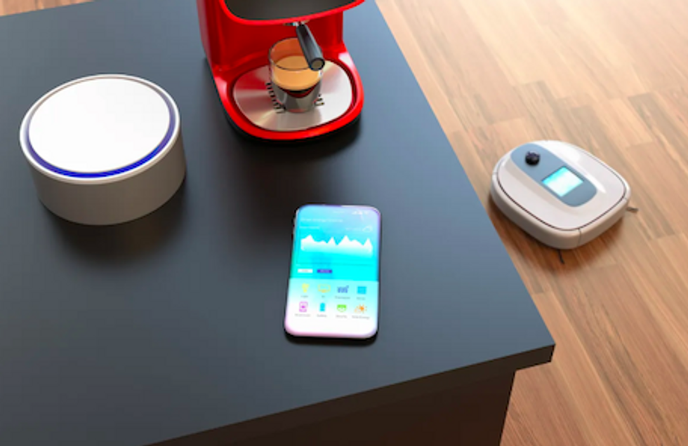 A smart home with a robot vacuum and smart speaker