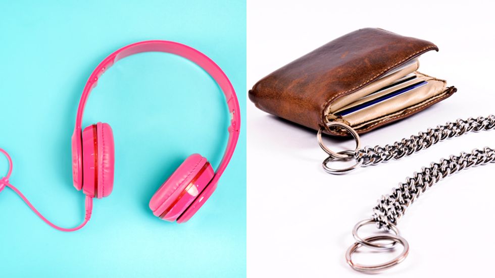 Pink headphones and chain wallet.