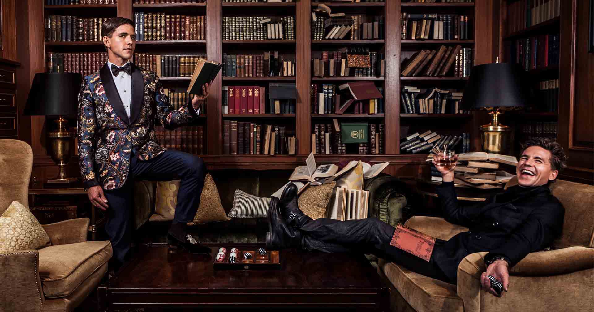 Two Brian Dietzens in a composite photo in a library setting.