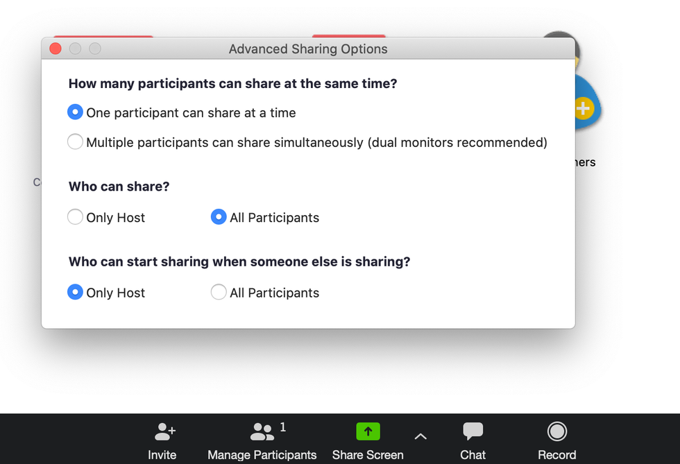 Zoom screen-sharing settings