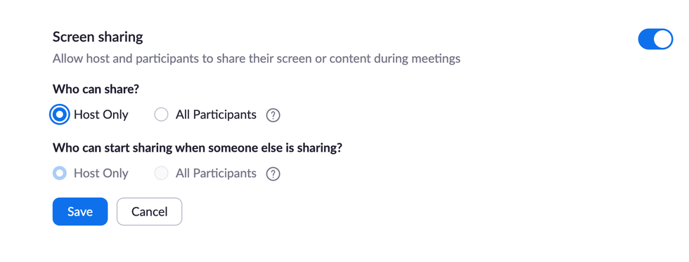 Zoom screen-sharing settings
