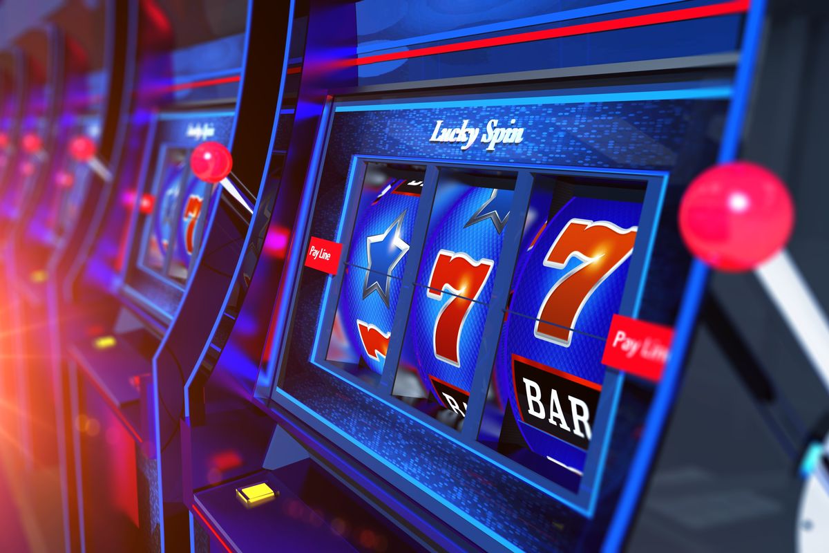 slot machine with 2 sevens and a star in neon colors