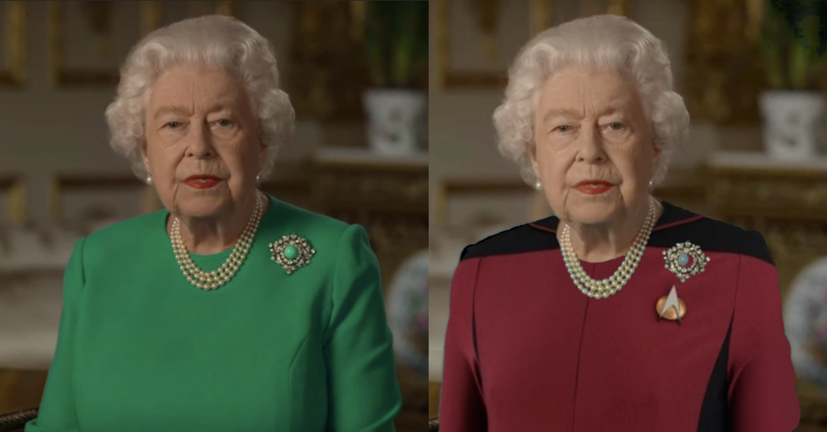 The Internet Had A Field Day Playing Greenscreen Dress-Up With Queen Elizabeth After She Gave Speech Wearing A Green Dress