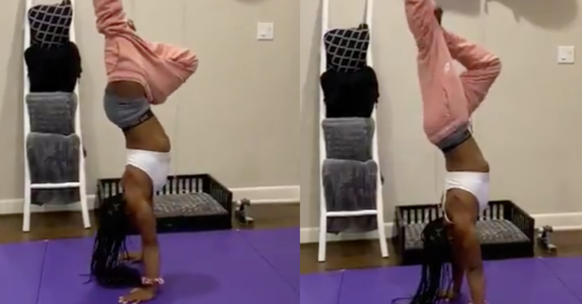 Simone Biles Just Crushed Her Own Version Of The 'Handstand Challenge'—By Somehow Taking Off Her Sweatpants With Just Her Feet