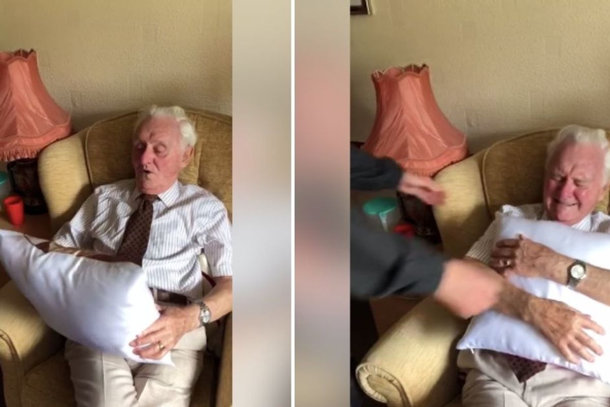 94-yr-old widower's reaction to being given a pillow with his wife's face on it is priceless