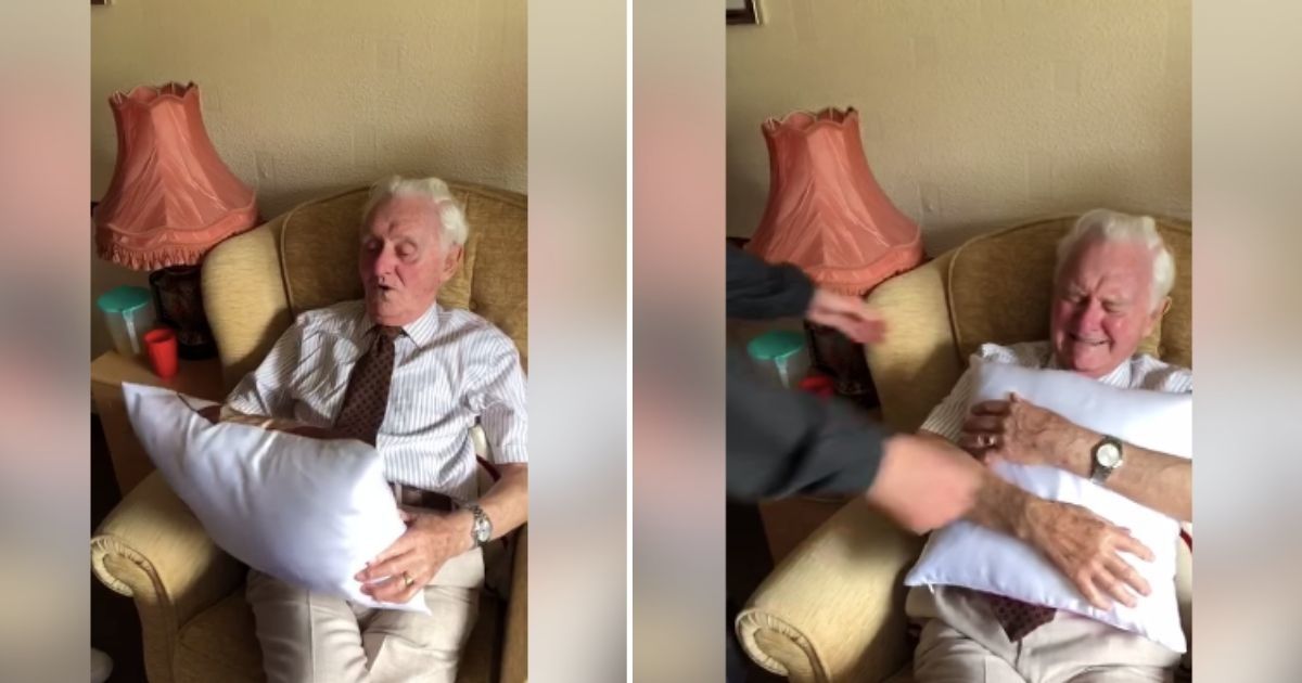 94-yr-old widower's reaction to being given a pillow with his wife's face on it is priceless