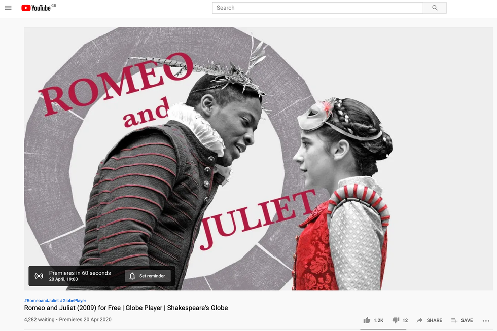 Romeo and Juliet on The Globe YouTube channel