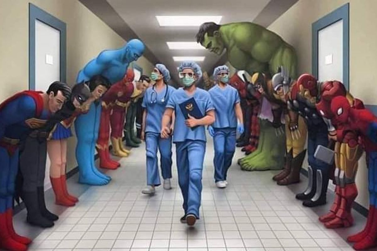 Superheroes bowing to doctors meme