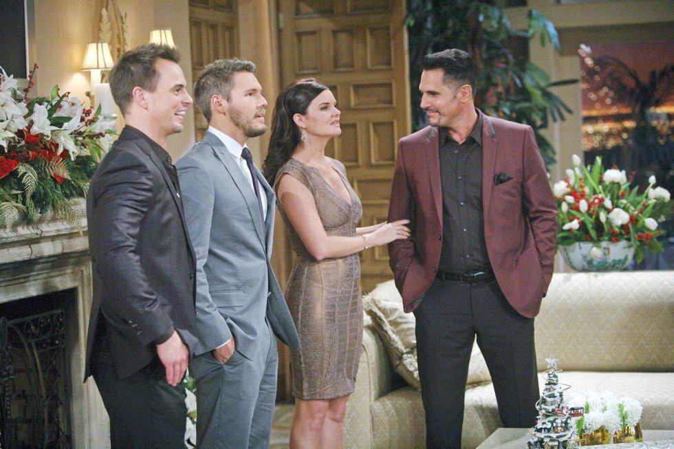 Darin Brooks, Scott Clifton, Heather Tom and Don Diamont on the set of soap opera The Bold and the Beautiful.