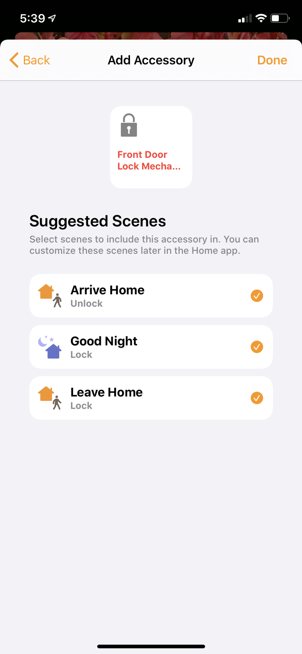 Apple HomeKit app creating scenes for Level Lock