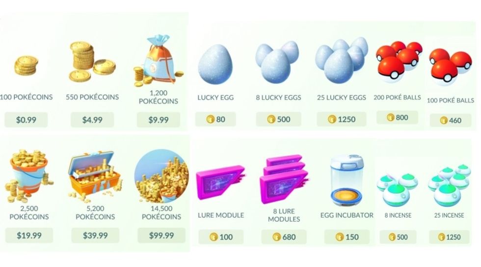All the buying options available in the original PokemonGo store.