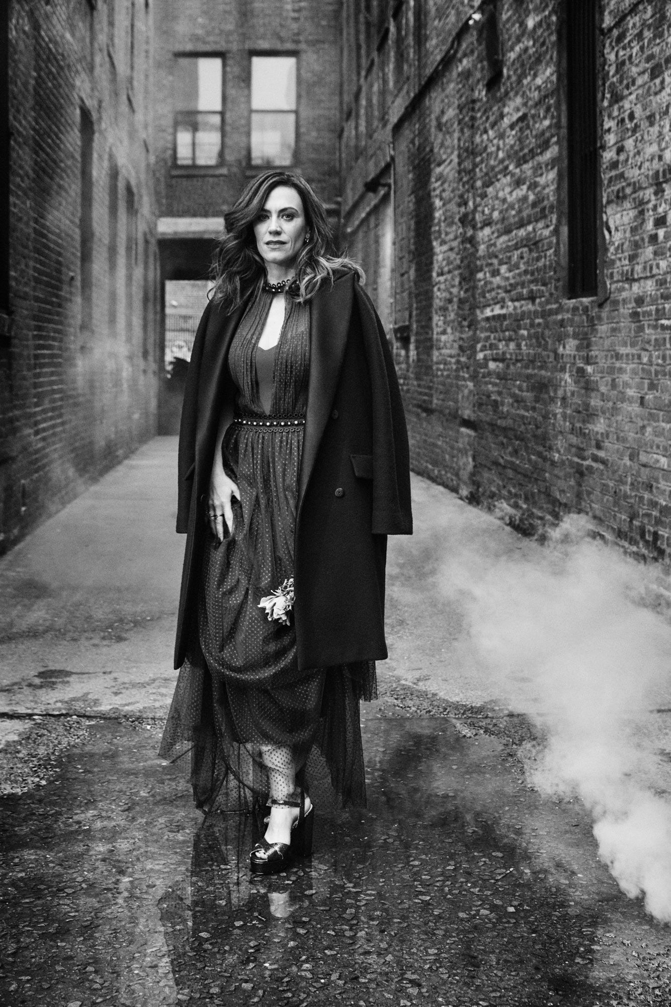 Black and white photo of Maggie Siff in New York City.