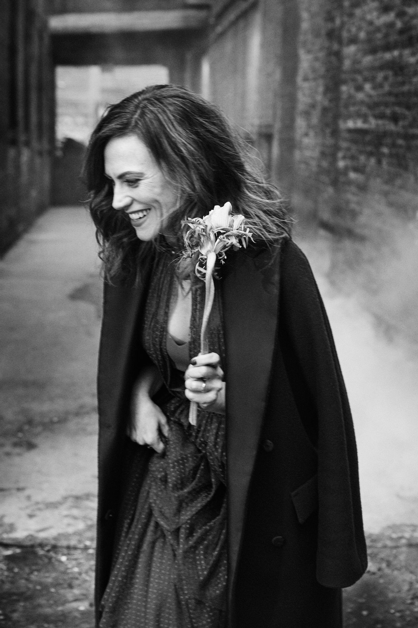 Black and white photo of Maggie Siff in New York City.