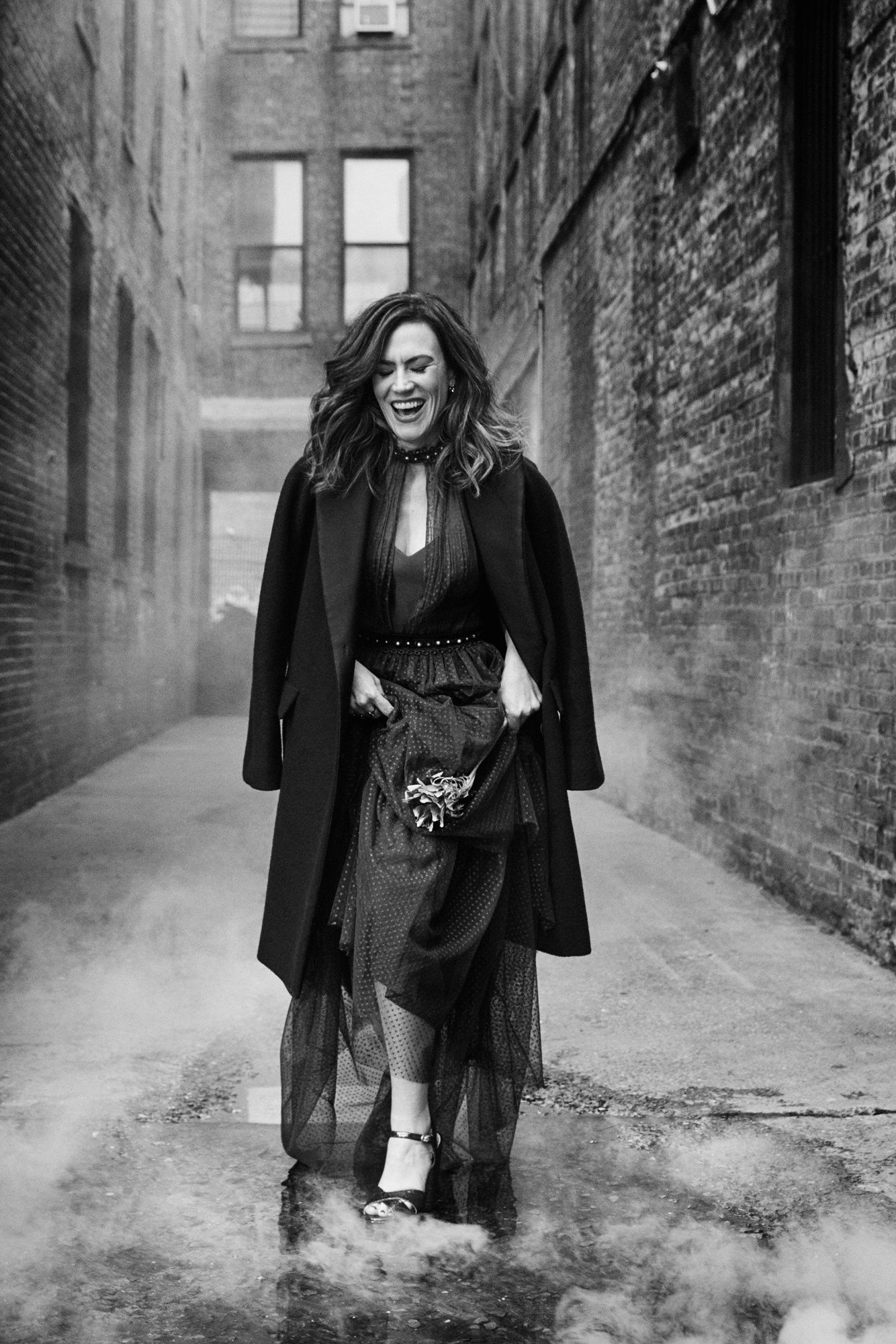 Black and white photo of Maggie Siff in New York City.