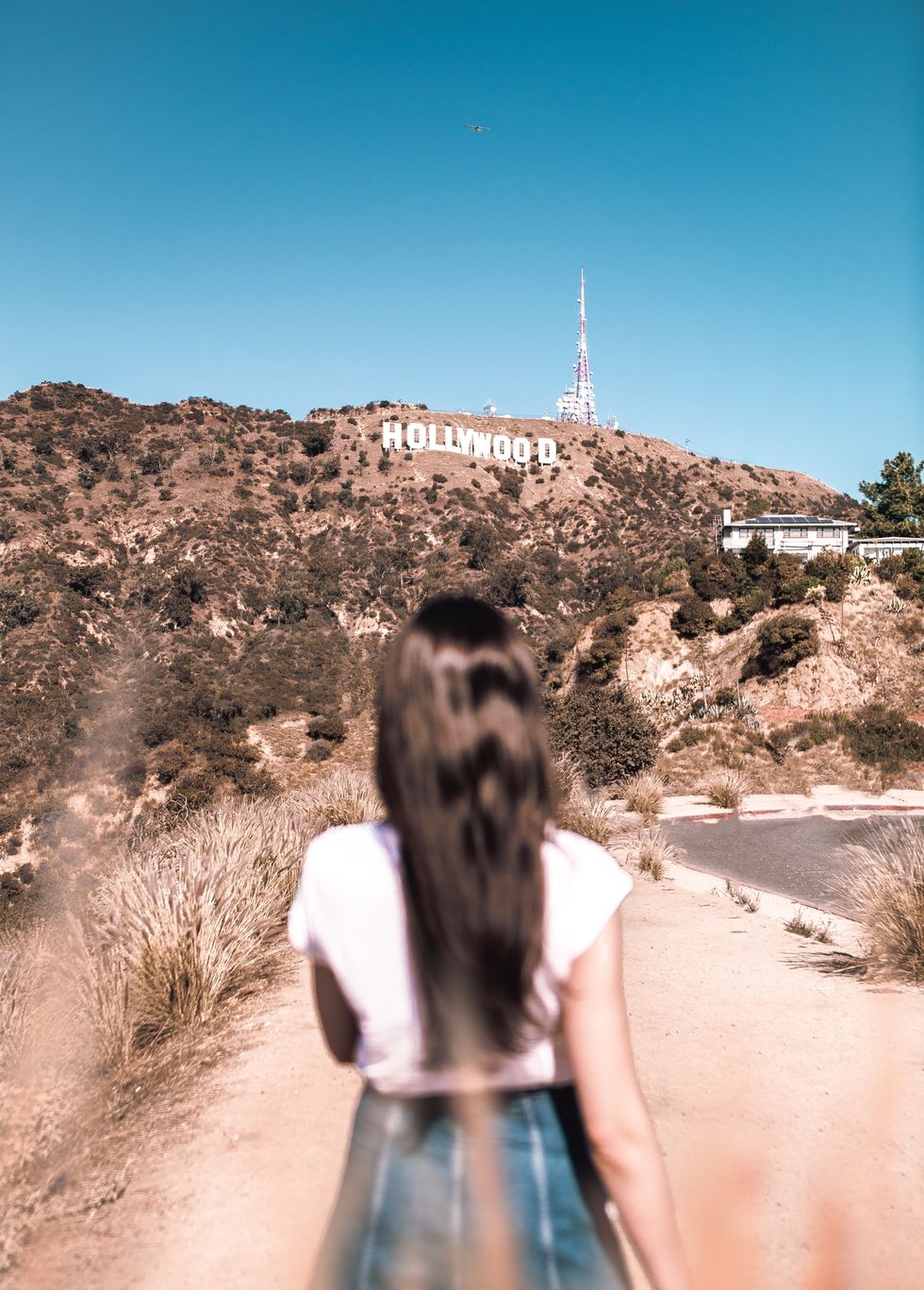girl looking at Hollywood sign