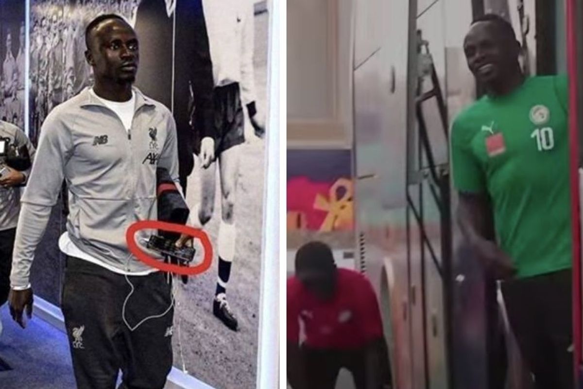Mané carrying cracked iPhone; Mané laughing