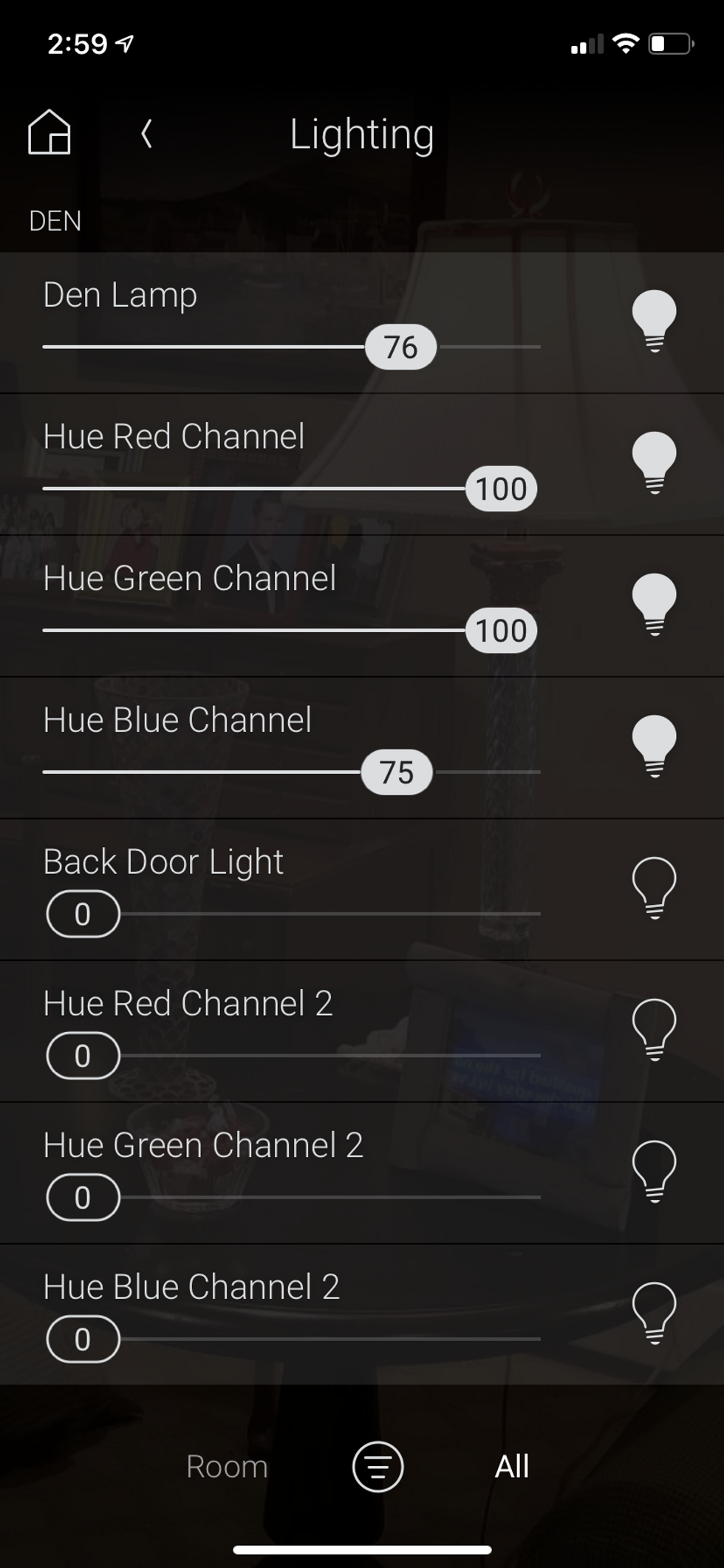 Screen shot of Control4 app controlling smart lights