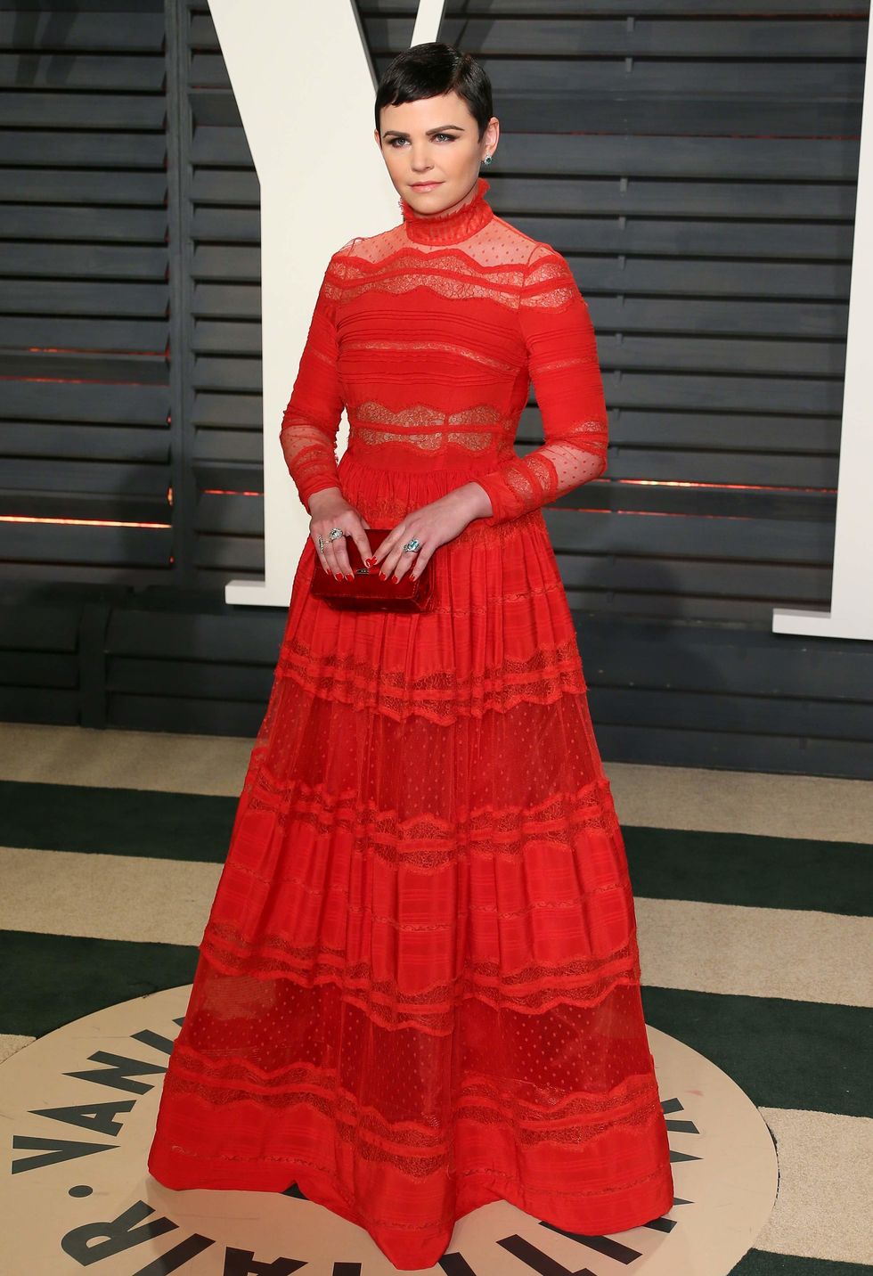 Ginnifer Goodwin in a red lace gown.