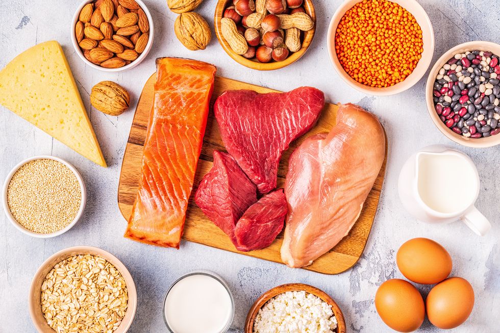 Sources of healthy protein, including meat, fish, dairy products, nuts, legumes, and grains