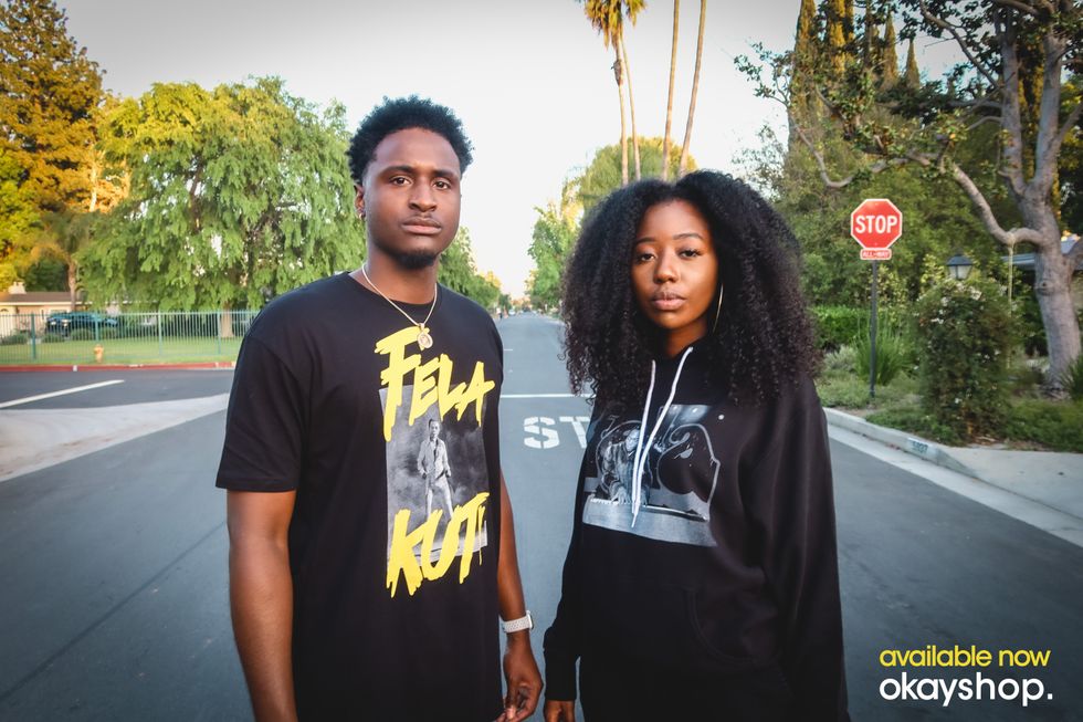 Models wearing the Fela Kuti Studio Photo T-Shirt (left) and Fela Kuti Keys Photo Hoodie class=