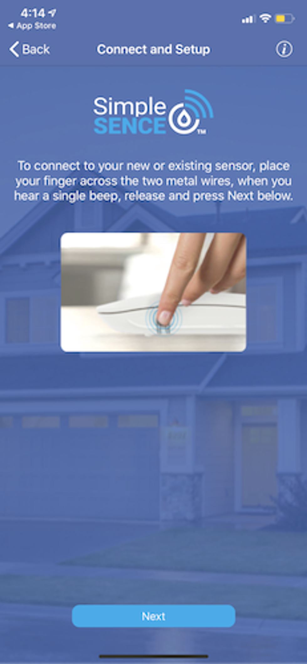 SimpleSence screen in app showing you how to connect your sensor.