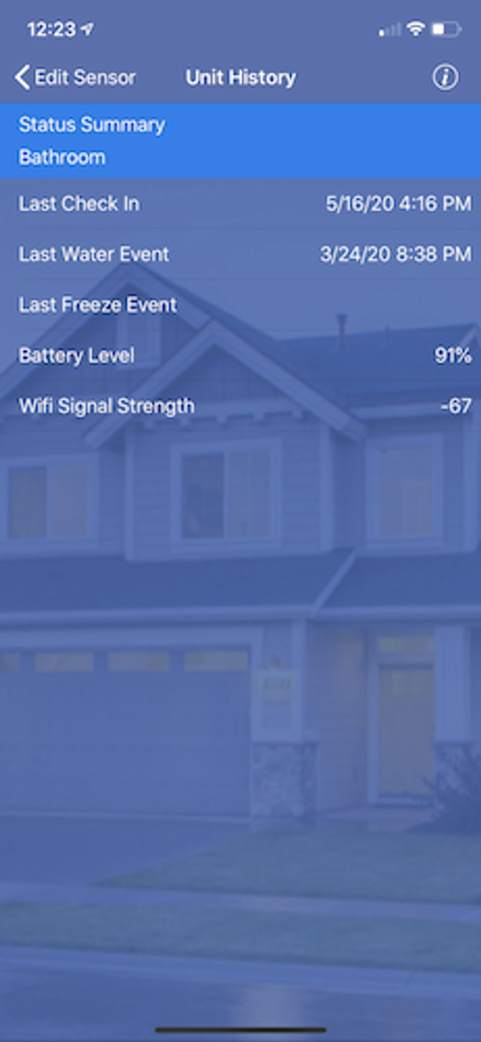 SimpleSence app showing Unit History for. the sensor