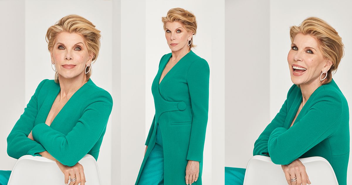 Trio photos of Christine Baranski in a teal power suit.